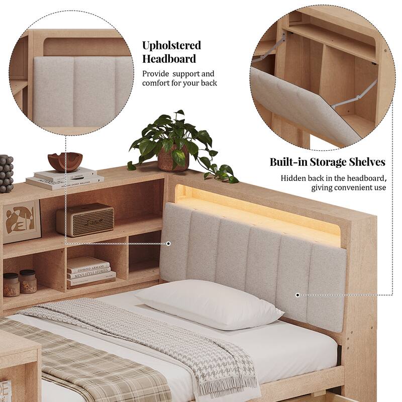 Wood Daybed L-shaped Bookcase Bed with Under-Bed Drawers and Side Bookshelf, Platform Daybed with Desk and Padded Headboard