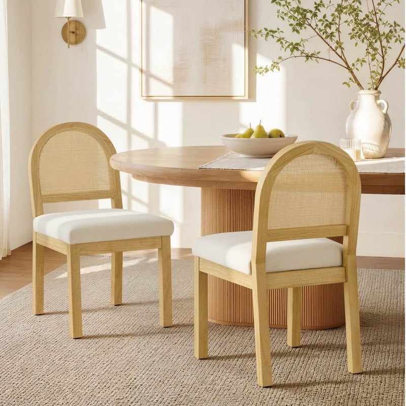 Spruce & Spring Modern Boho Upholstered Rattan Dining Chair with Solid Wood Frame