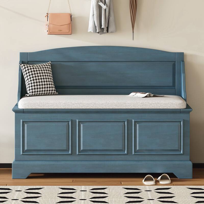 Retro Shoe Storage Bench with Safe Soft-Close Devices, Storage Chest with Hidden Storage and Cushion for Entryway, Hallway - Blue