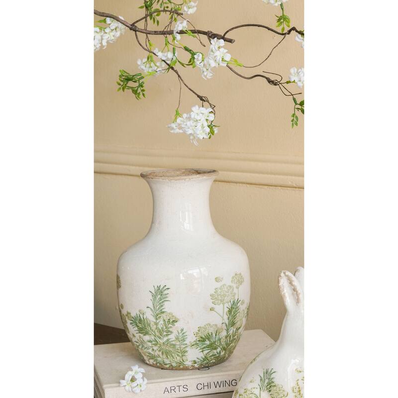 6.9x6.9x10" White Ceramic Vase With Green Floral Motif - Multicolor