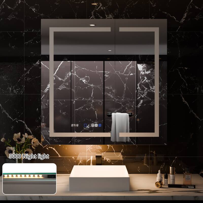 36'' H Recessed or Surface Mounted Bathroom LED Mirror Cabinet With Defogger, Dimmer, 10x magnifying
