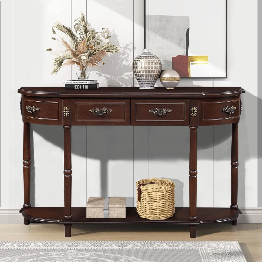 52" Curved Console Table Hallway Tables with Open Storage Shelf and Storage Drawers, Sofa Table Solid Wood Entryway Table