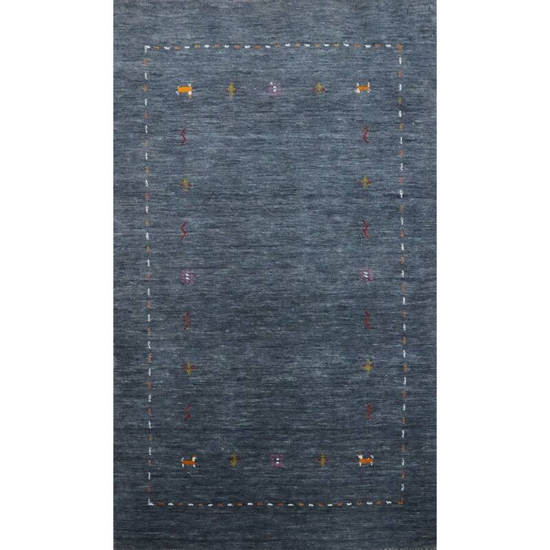 Hand Knotted Oriental 100% Wool Carpet Tribal Animal Pictorial Navy Blue & Blues Gabbeh Area Rug - 4' 11'' X 3' 0''