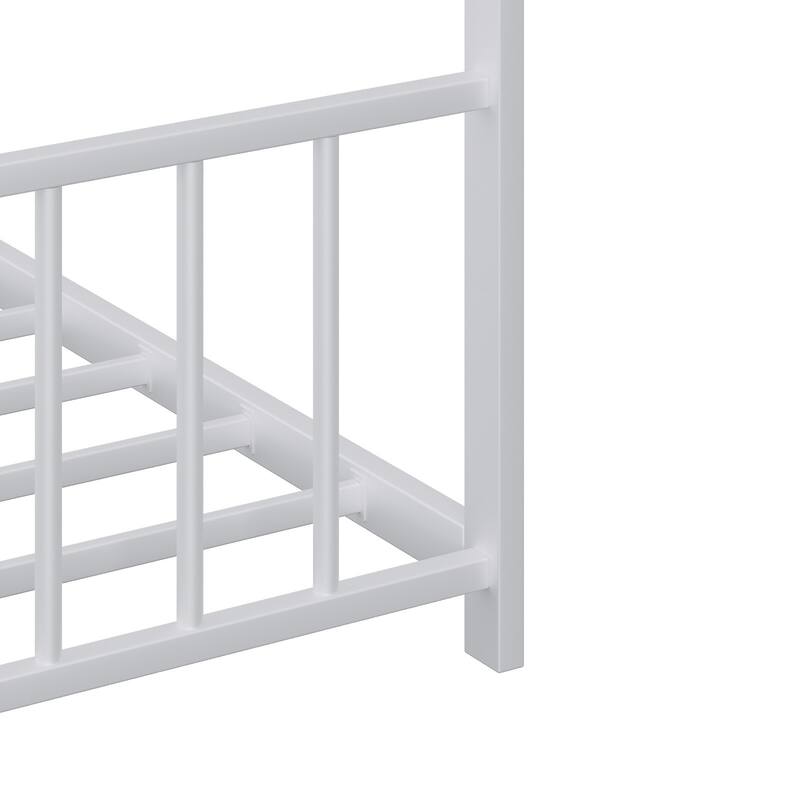 Full size children's bed frame with LED light strips, roof-shaped iron frame bed, White