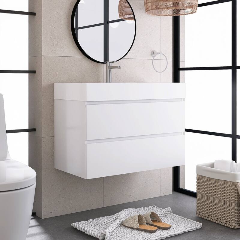 Wood Wall-Mounted Bathroom Vanity Set with White Integrated Resin Sink