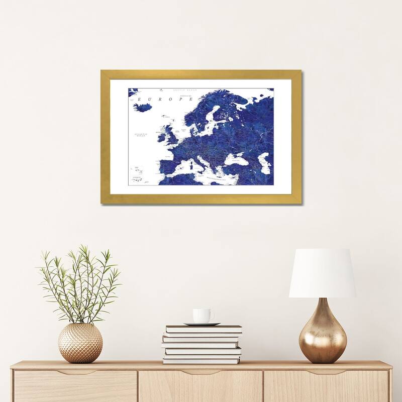 iCanvas "Detailed Europe Map In Navy Blue" by blursbyai
