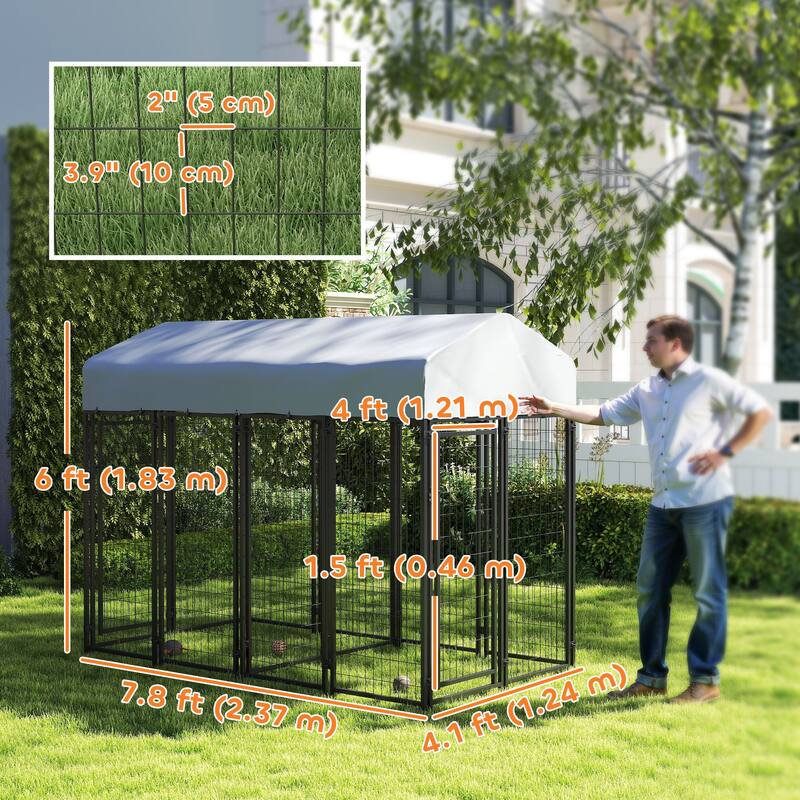 Silver-Black Steel Outdoor Dog Kennel with PE Cover and Two Rooms - 3.6"L x 49.2"W x 72" H