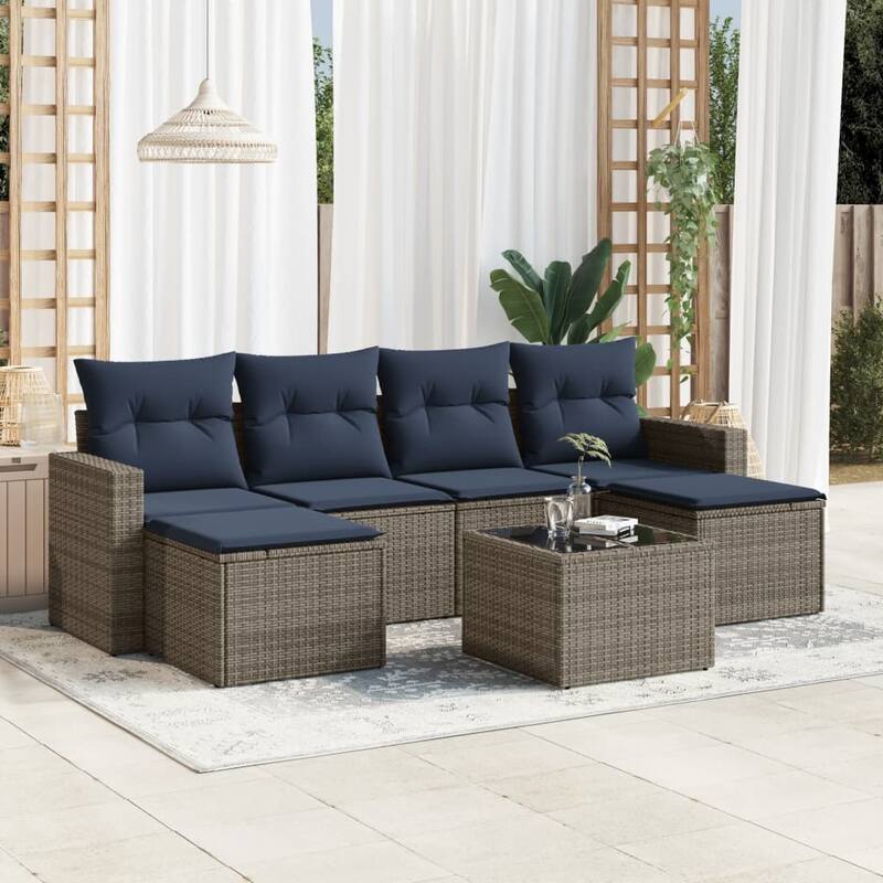 vidaXL Patio Sofa Set with Cushions Outdoor Conversation Furniture Poly Rattan - 25.8" x 24.4" x 27.2" - Beige and gray with table