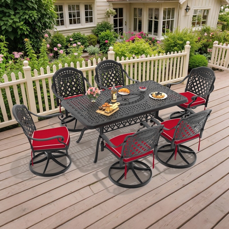 7-Piece Aluminum Rectangular Outdoor Patio Dining Set, 6 Cushioned Swivel Chairs, Table, All-Weather Frames