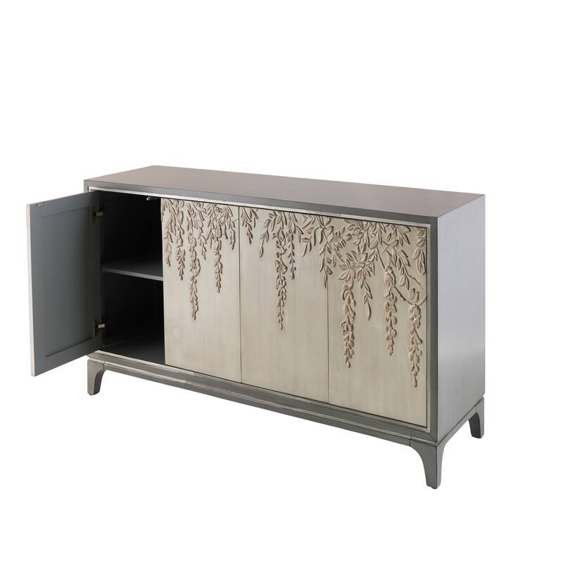 Wooden Floral Relief 4 Door Sideboard with Cream Front Doors and Cascading Leaf Design - Gray - Roche River Decor