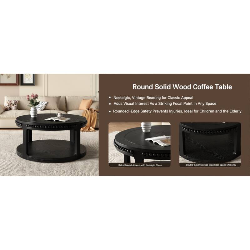 Roomfitters 31.5" Round Solid Wood Coffee Table, 2 Tier Thickened Center Table for Living Room