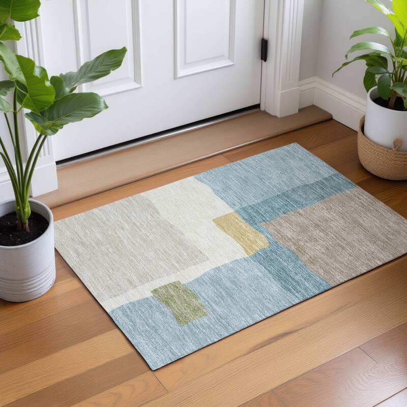 Machine Washable Indoor/ Outdoor Contemporary Blox Chantille Rug