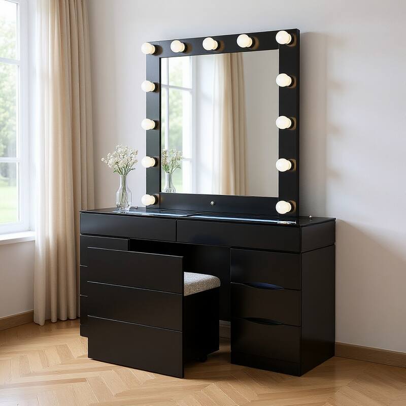 HomeRoots 62" Black Wood And Glass Six Drawer Vanity Table With Mirror Seating And Lights - Black