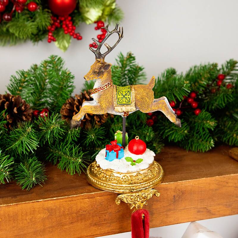 Set of 2 Gold Santa Reindeer Glittered Christmas Stocking Holders 9.5"