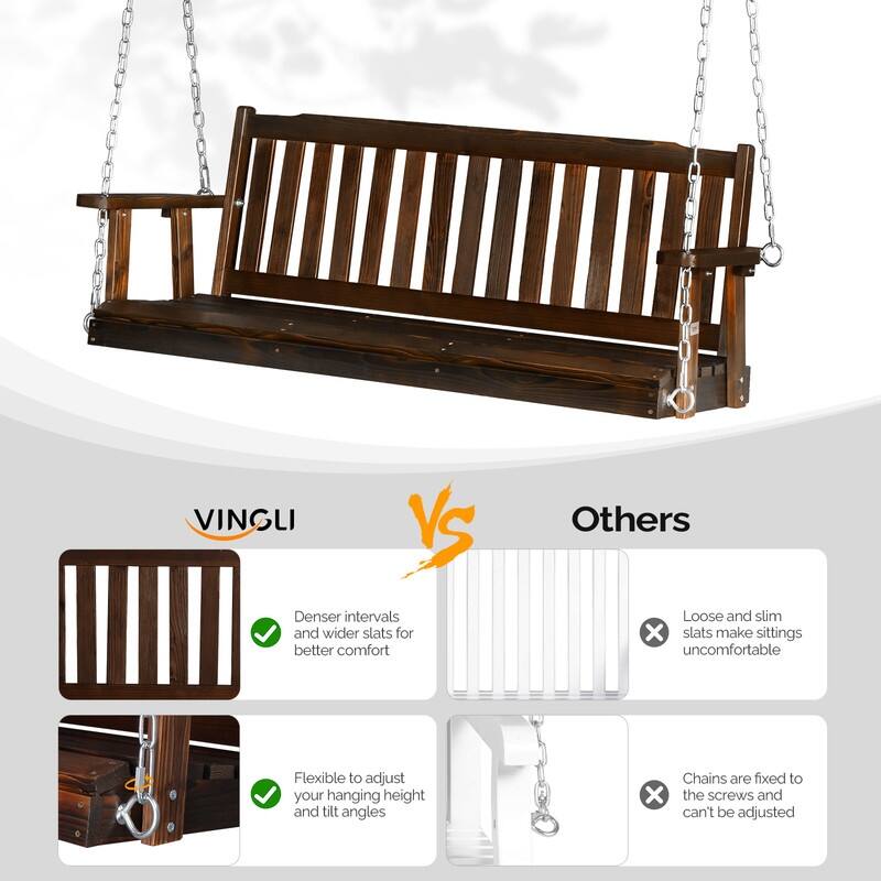 VINGLI Upgraded Heavy Duty 880 LBS 4 FT Patio Wooden Porch Swing Solid Fir Wood, Outdoor Handing Swing Bench for Garden