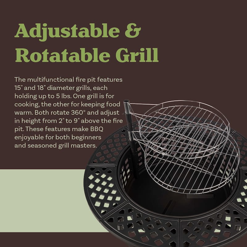 Fire Pit with Grill - 37” Round Fire Table Outdoor Firepit with 2 Grills, Lid, Poker and Cover by Pure Garden