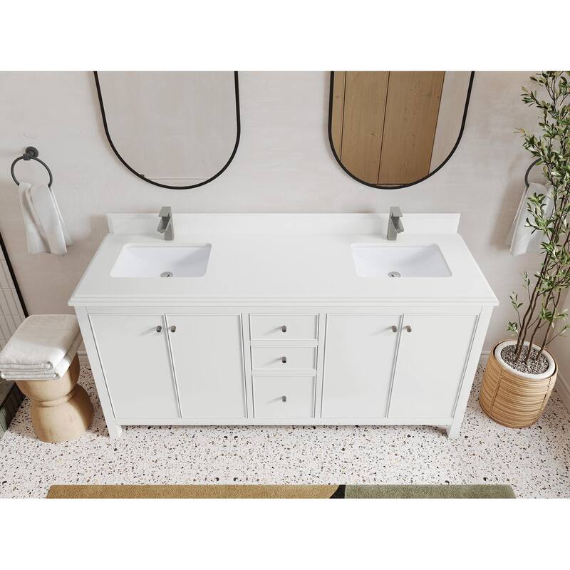 Willow Collections 72 in. W x 22 in. D Chicago Double Bowl Sink Bathroom Vanity with Countertop - 1.5” White Quartz - White