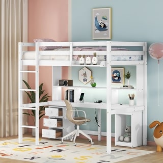 Twin/Full Size Loft Bed with Multi-storage Desk, LED light and Bedside Tray, Charging Station, White