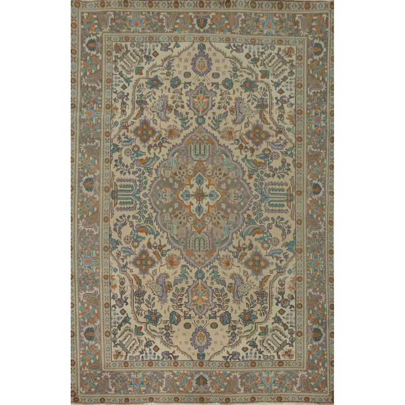 Hand Knotted Oriental 100% Wool Carpet Traditional Floral Beige & Ivories Tabriz Area Rug - 9' 1'' X 6' 8''