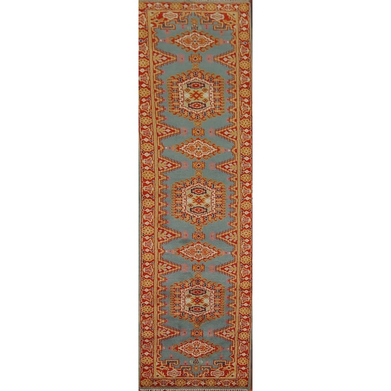 Geometric Viss Indian Runner Rug Handmade Wool Carpet - 2'7"x 11'9"