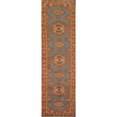 Geometric Viss Indian Runner Rug Handmade Wool Carpet - 2'7"x 11'9"