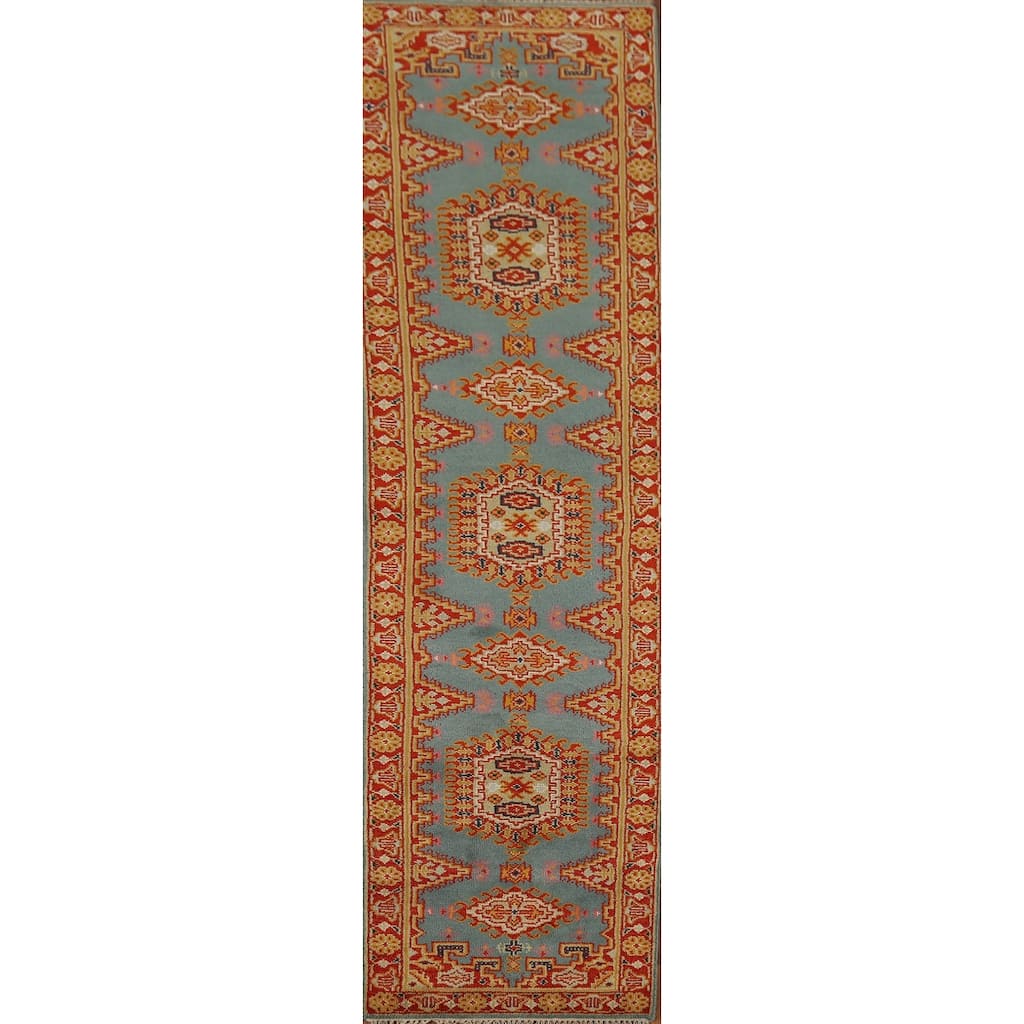 Geometric Viss Indian Runner Rug Handmade Wool Carpet - 2'7"x 11'9"