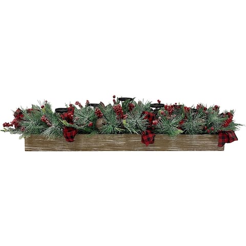 Fraser Hill Farm 42-inch 5-Candle Holder Centerpiece with Frosted Pine Branches, Red Berries, Plaid Bows and Bells in Wooden Box