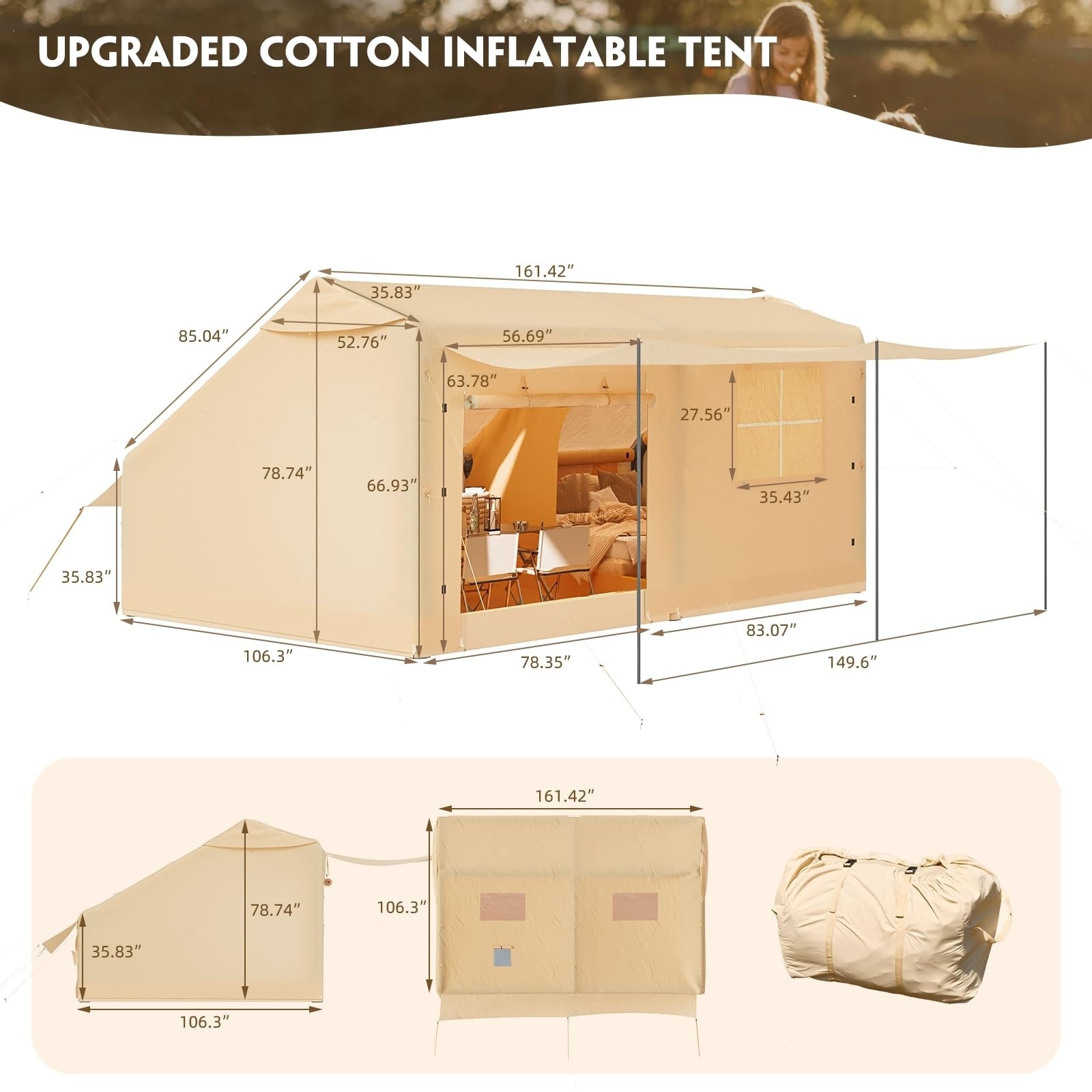 YOLENY Inflatable Camping Tent, Glamping Tents 4 Season Waterproof  Windproof Cotton Tent with Stove Jack & Mesh Windows & Pump