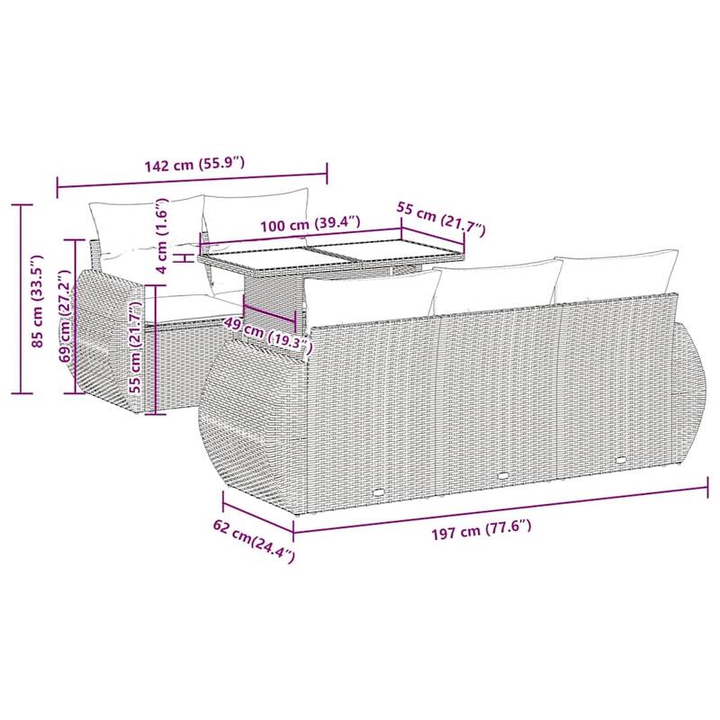 vidaXL Patio Sofa Set with Cushions Outdoor Furniture 6 Piece Poly Rattan - 21.7 x 24.4 x 27.2