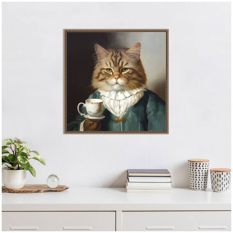 Kate and Laurel Sylvie Teacup Cat Framed Canvas by The Creative Bunch Studio