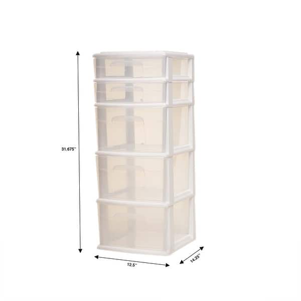5 Drawer Medium Storage Tower, White Frame with Clear Plastic Drawers