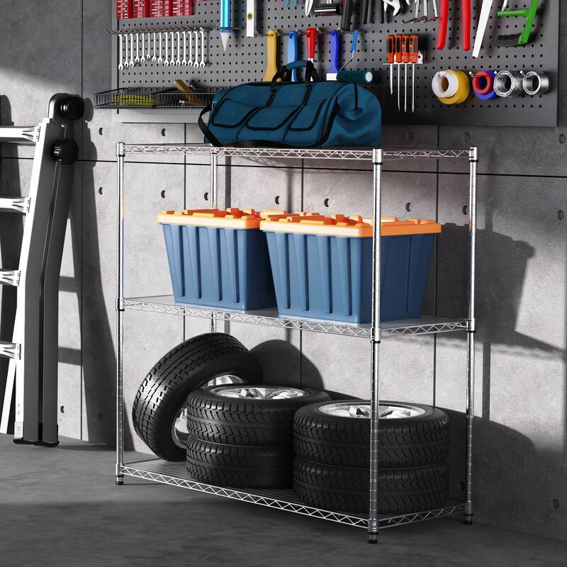 3 Tier Wire Shelving Unit, 1050 LBS NSF Height Adjustable Garage Storage Shelves, Heavy Duty Storage Wire Rack Metal Shelves