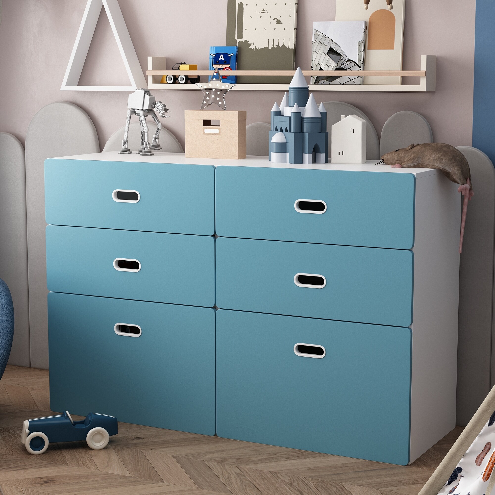 light blue dresser Worlds Away Rosie Curved Front Six Drawer Chest In Textured Light Blue Linen