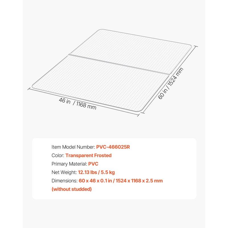 Transparent Frosted PVC Chair Mat 46x60in Non-Slip for Low-Pile Carpet