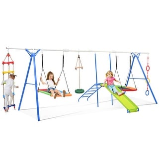 Outdoor 6 in 1 Swing Set with Climbing Rope Ladder, Disc Swing, Monkey Bar Swing, Slide,Climbing and Swing Ring