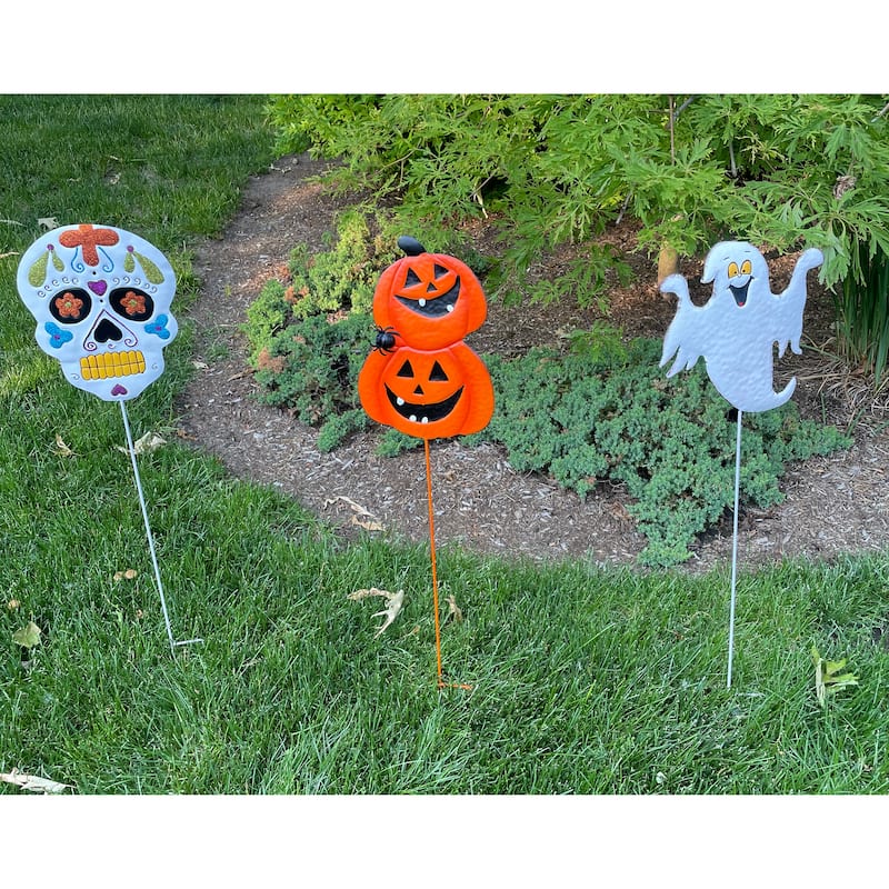 34.5" Ghost, Pumpkin & Skull Metal Yard Stake, Set of 3