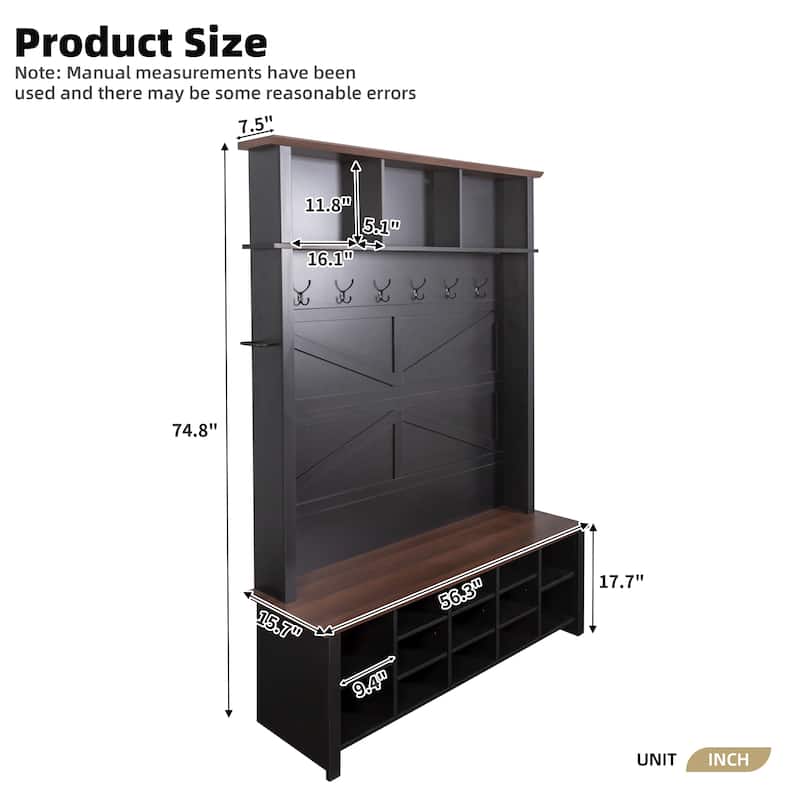 Farmhouse 4-in-1 Hall Tree with 6 Hooks, Entryway Bench with Shelves, Wooden Style Shoe Organizer with 16 Open Compartments