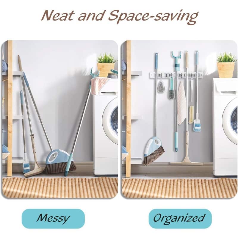 Mop and Broom Holder Wall Mount With 5 Slots & 4 Hooks - 1 Pack