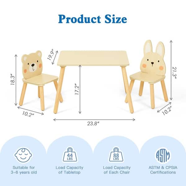 Todler Wood Table and Chair Set, Animal Chairs for Eating, Snack Time and Play Games