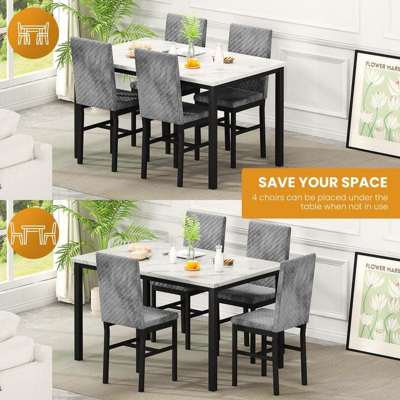 Grondin 5-Piece Dining Room Table Set with Faux Marble Table Top and Diamond Stitching Velvet Upholstery Dining Chairs
