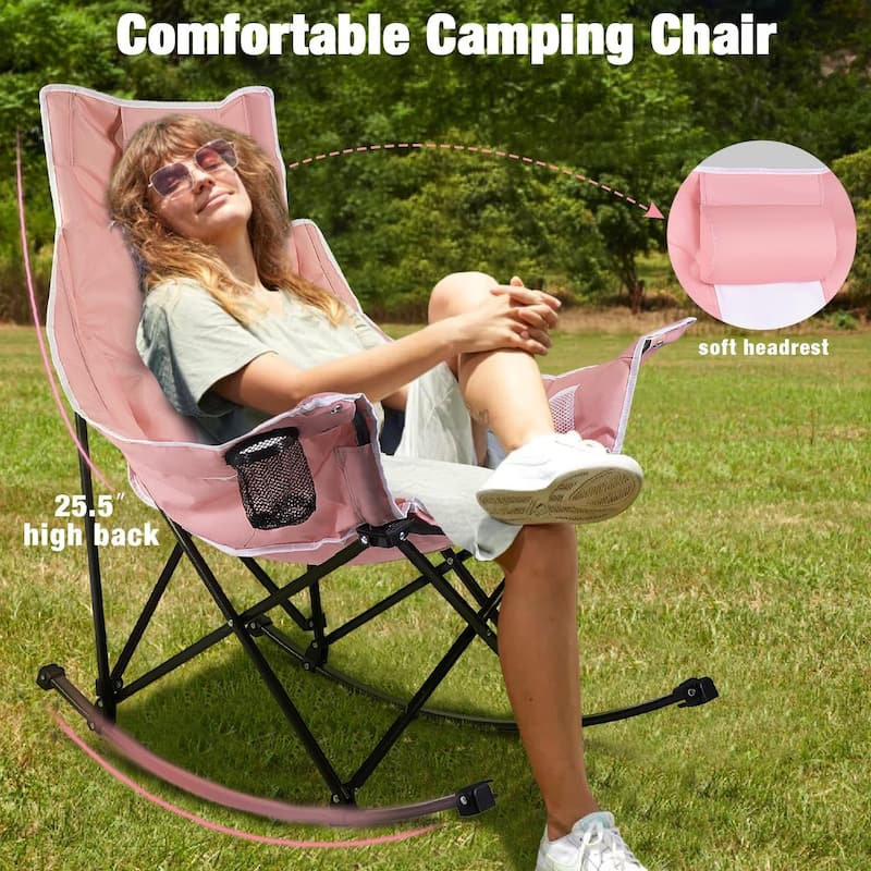 BOSSIN Heavy-Duty Oversized Rocking Camp Chair, Portable Folding w/Cup Holder, Cooler & Pocket for Camping, Beach, Backyard