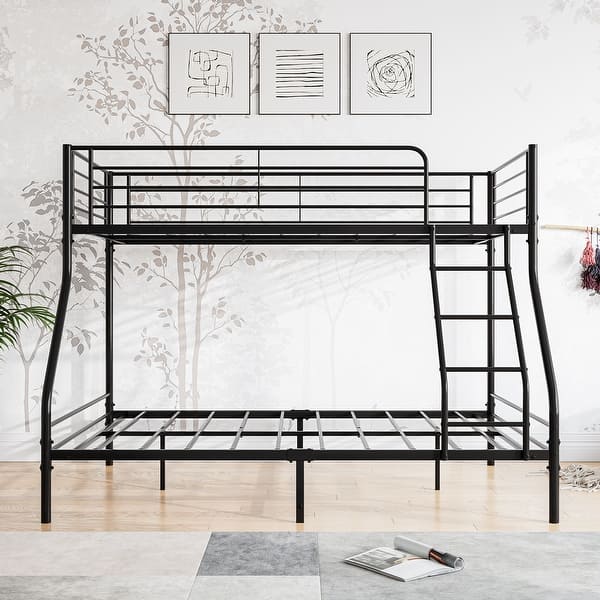 slide 2 of 10, Industrial Modern Heavy Duty Twin over Full Metal Bunk Bed with Enhanced Upper-Level Guardrail and Inclined Ladder, Black Black