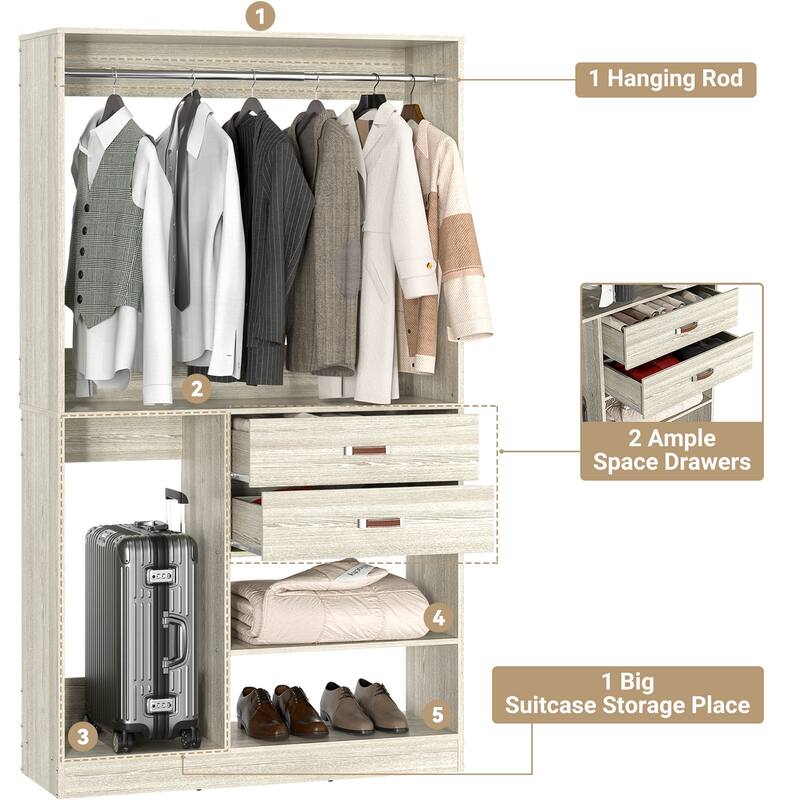 Rackcog Freestanding Closet Organizer with Hanging Rod, Closet System Wardrobe with Wood Drawers