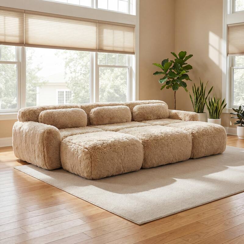 Homy Casa Light Khaki Modular Sectional Sofa, Soft Plush Fabric Cloud Couch with Anti-Slip Base & Decorative Pillows