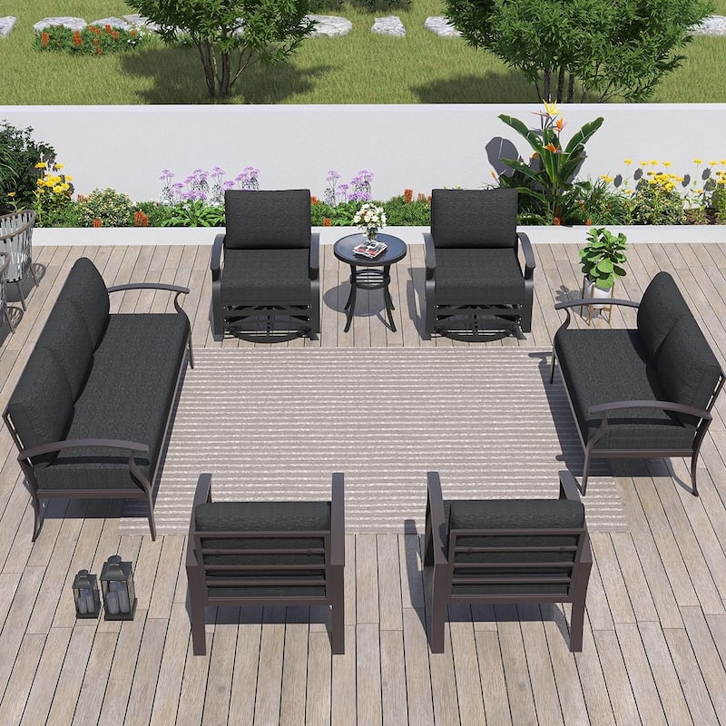 Kullavik Aluminum Outdoor Patio Furniture with Curved Armrests & Firepit Table - 9 seats - Black