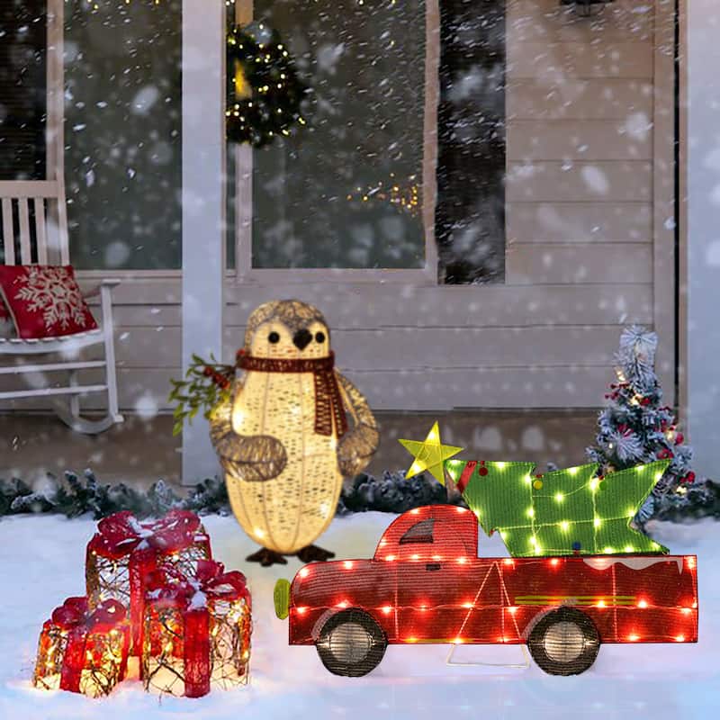 Red Truck and Green Christmas Tree Lighted LED Holiday Yard Decoration - Red/Green/Black