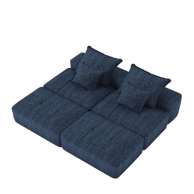 Floor Sofa Sectional Couch with 2 Ottoman, Modern Oversized Chenille Modular Sofa with 4 Pillows for Apartment