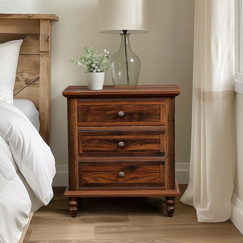 Wood 3-Drawer Nightstand with Rustic Finish and Storage - Brown