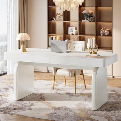 63-Inch White Desk with Drawers, Modern Elegant Glossy Executive Office Desk