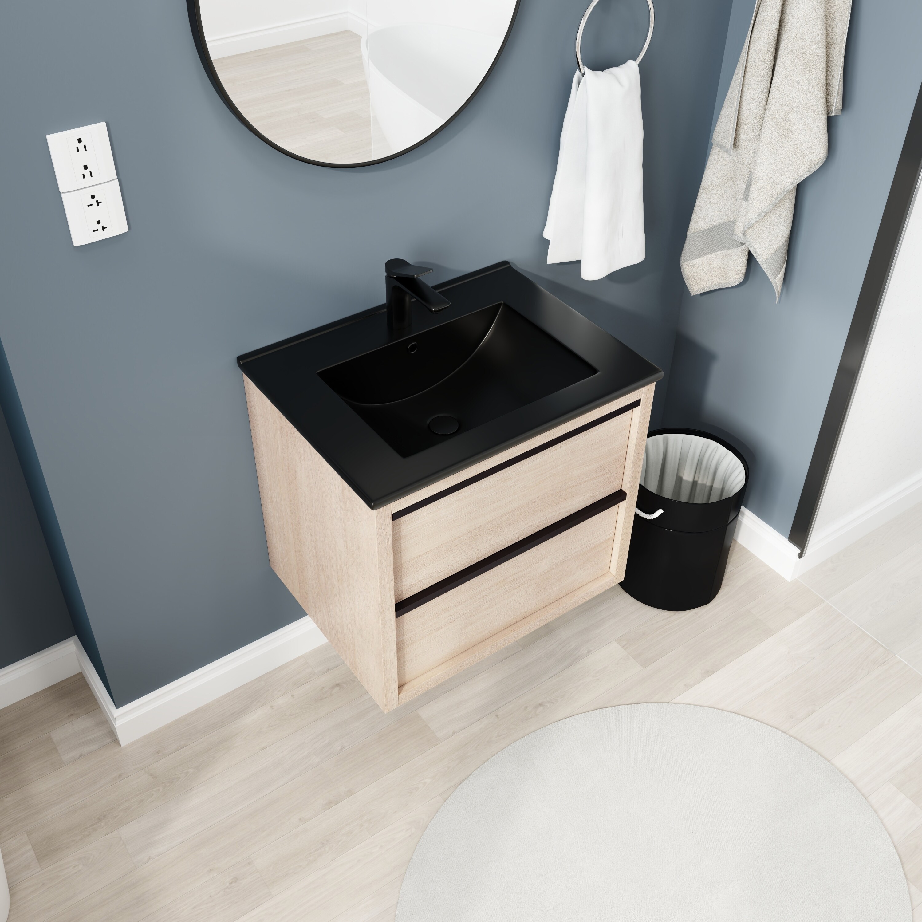 24" Bathroom Vanity, With Black Ceramic Sink And 2 Drawers
